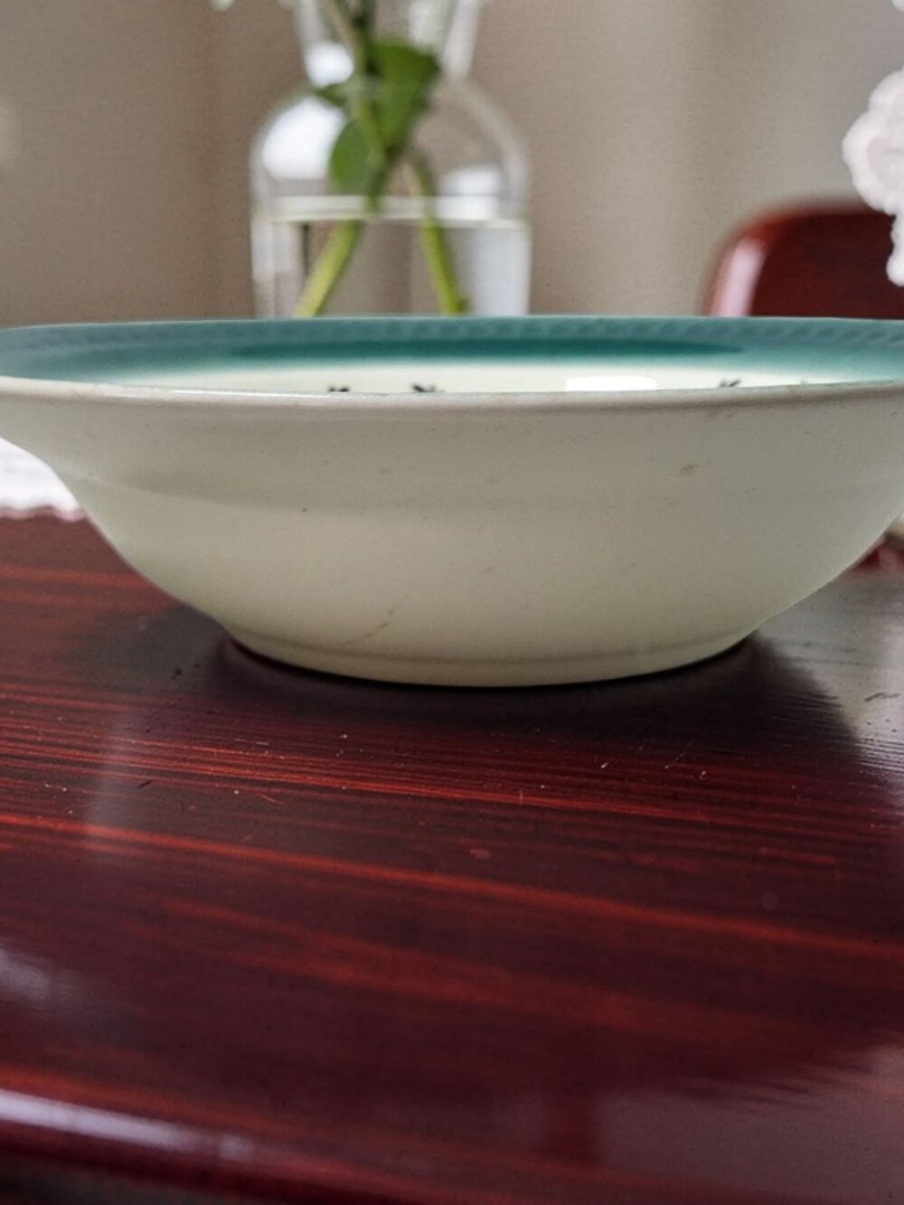 Vintage 9.25" Serving Bowl Forest Green rim transferware flowers leaves medallio